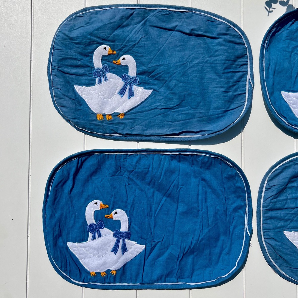 Vintage Handmade Geese with Bows Blue Placemats | Set of 4 - Picture 3 of 7